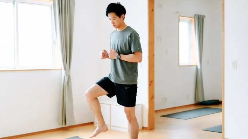 日常生活・スポーツ復帰のために自宅で運動する男性